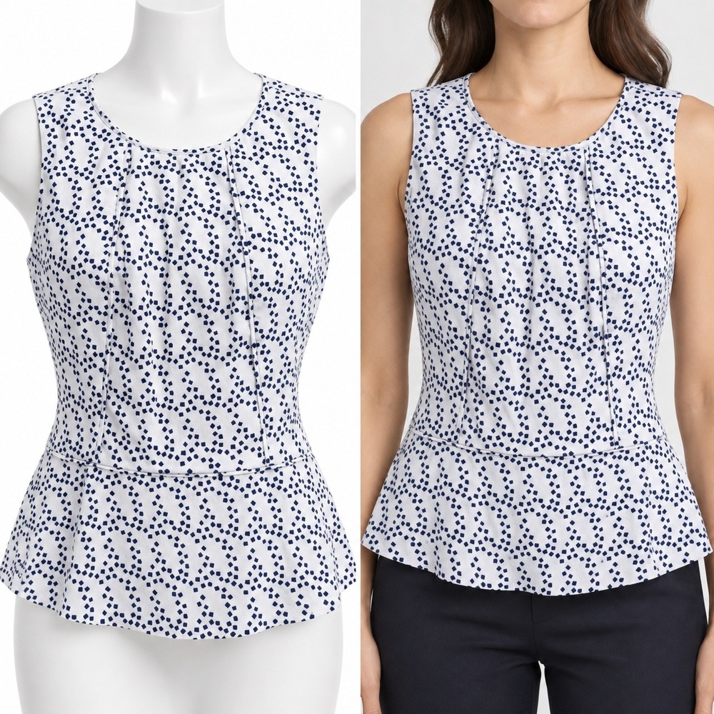 Banana Republic Peplum Top Women 4 White Blue Geometric Sleeveless Zip Blouse